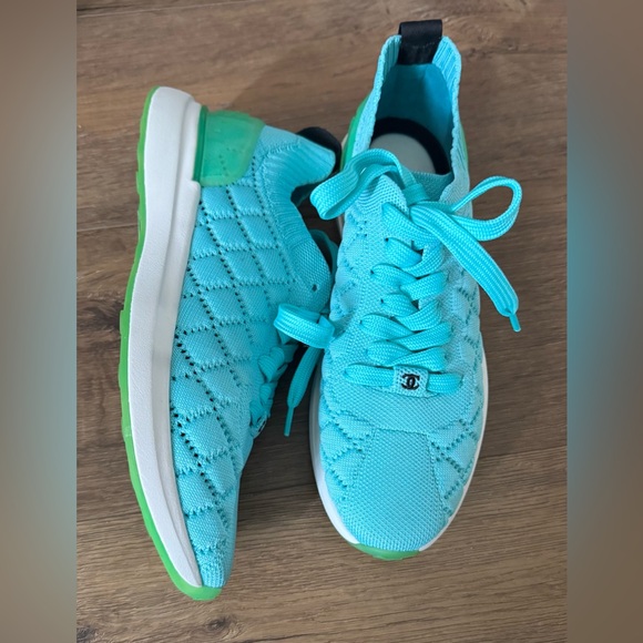 CHANEL-AUTHENTIC (NWT) Women's Light Blue & Green Running Sneakers - Picture 1 of 16